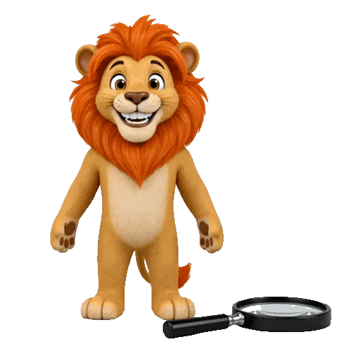 Maskottchen Leo der Löwe schaut mit einer Lupe ganz genau hin