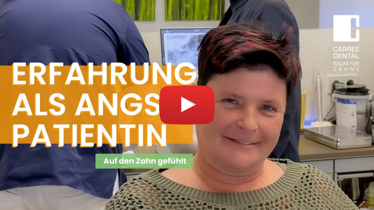 Vorschaubild zum Video einer Angstpatientin, die über ihre Erfahrungen mit der Behandlung für festen Zahnersatz auf 4 Implantaten bei Carree Dental berichtet