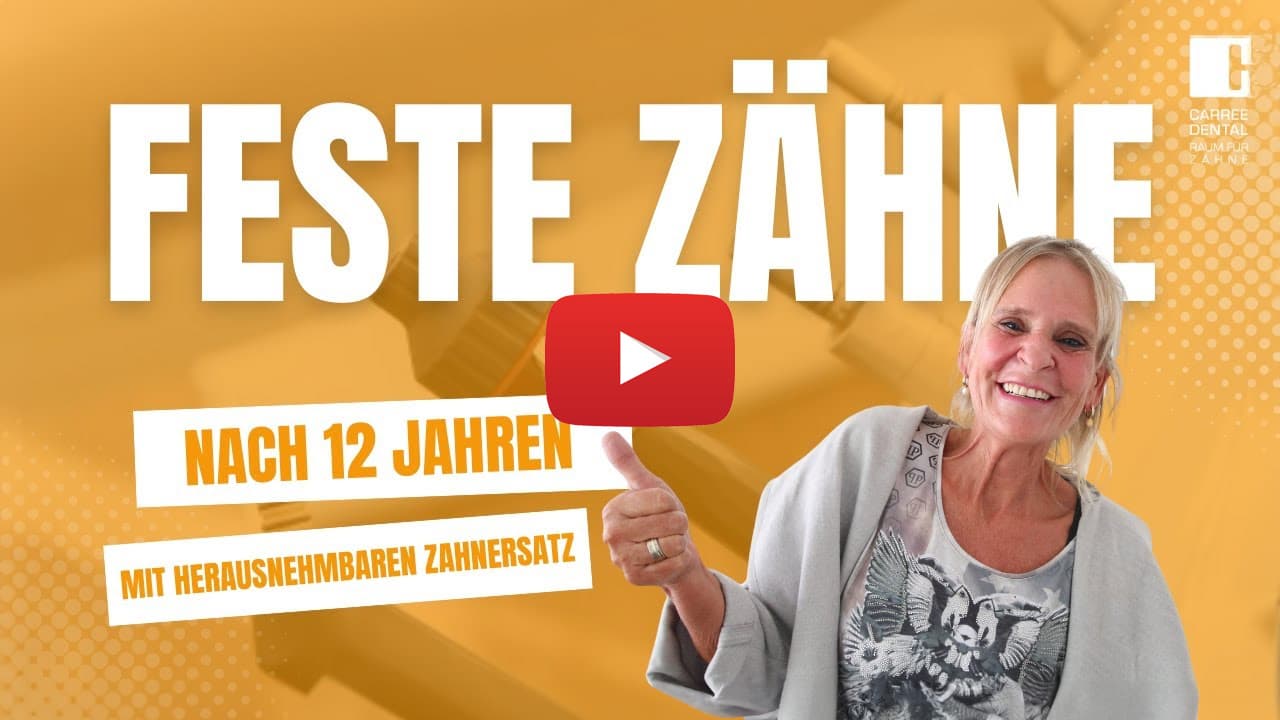 Vorschaubild zu einem Video einer Patientin von Carree Dental, die über Ihre Erfahrung zur komplett neuen Methode für Zahnersatz