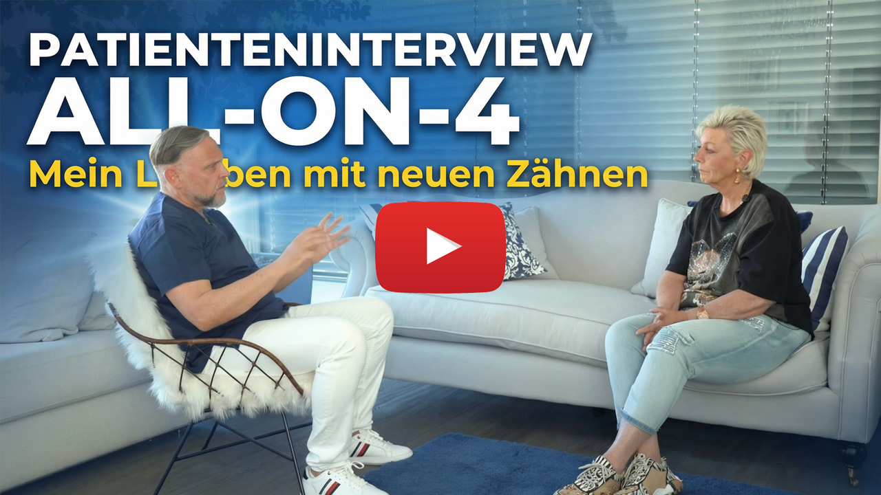 Vorschaubild zum Video einer Angstpatientin, die über ihre Erfahrungen mit der Behandlung für festen Zahnersatz auf 4 Implantaten bei Carree Dental berichtet