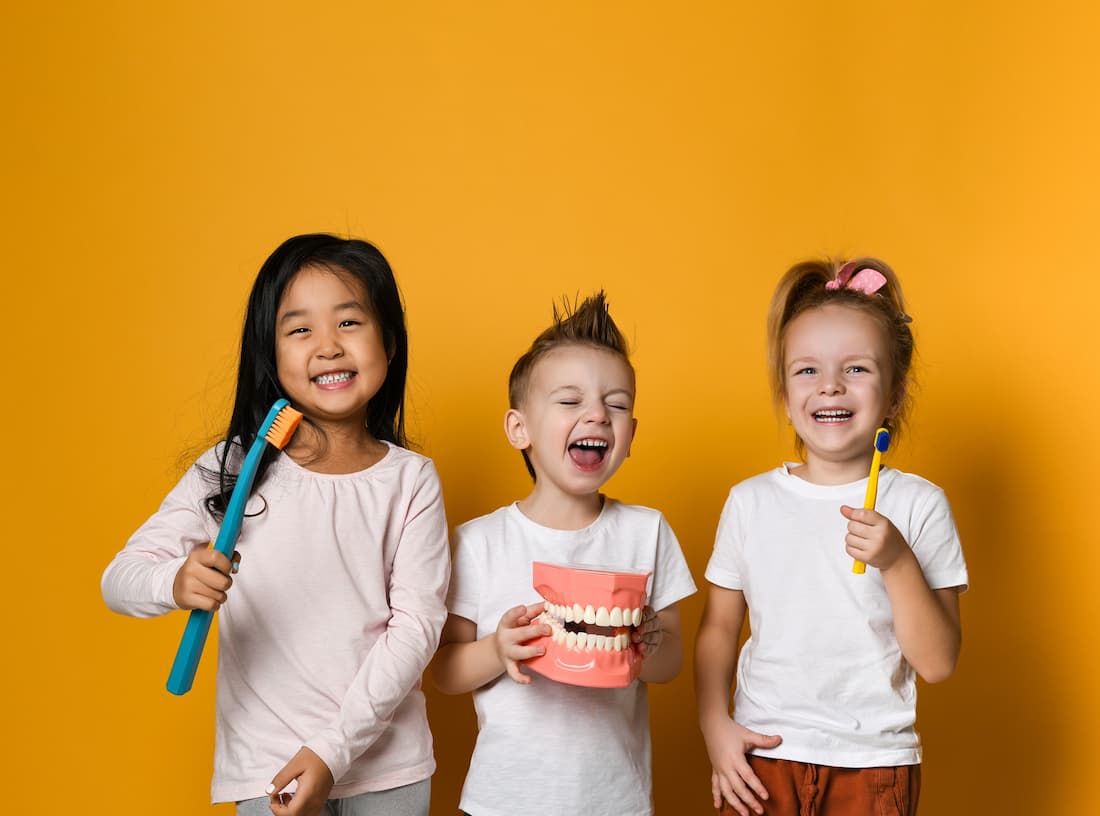 Strahlende Kinder während ihrem Zahnarztbesuch mit Zahnbürsten und einem Zahnmodell in der Hand